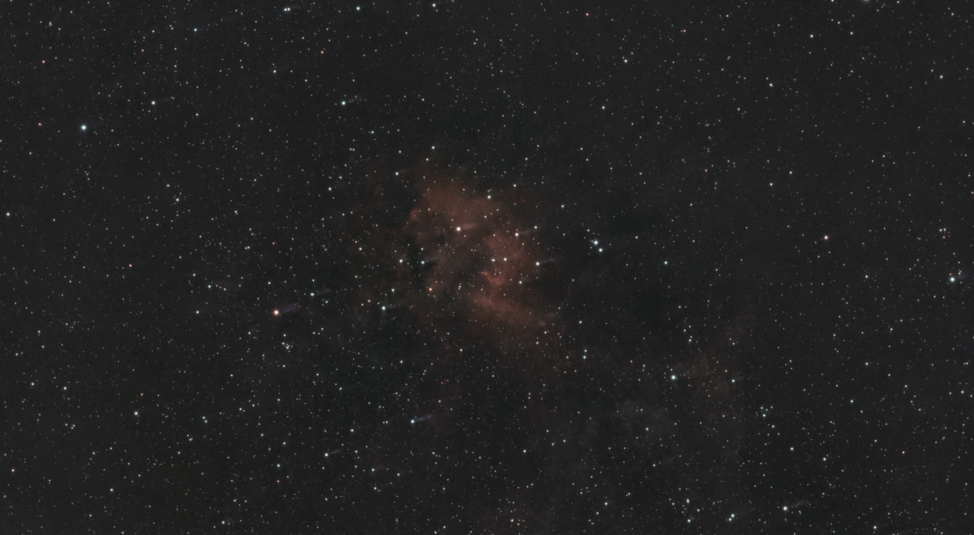 The red emission clouds and dark dust lanes of the Lion Nebula surrounded by a wide field of stars